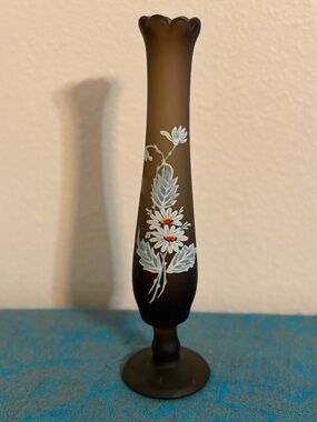 Vintage WESTMORELAND Brown Satin Glass Swung Bud Vase Hand Painted Daisies 8.75”